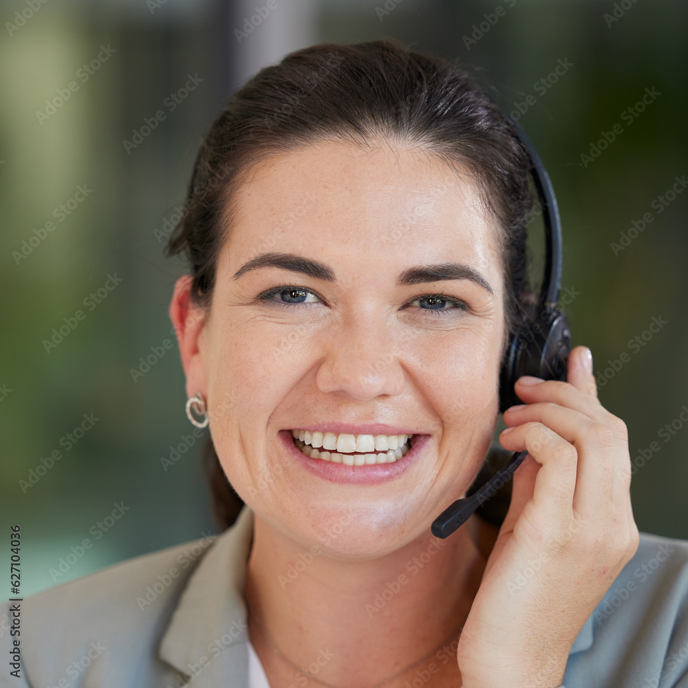 Portrait, call center and woman with telemarketing, smile and crm with customer service, business an