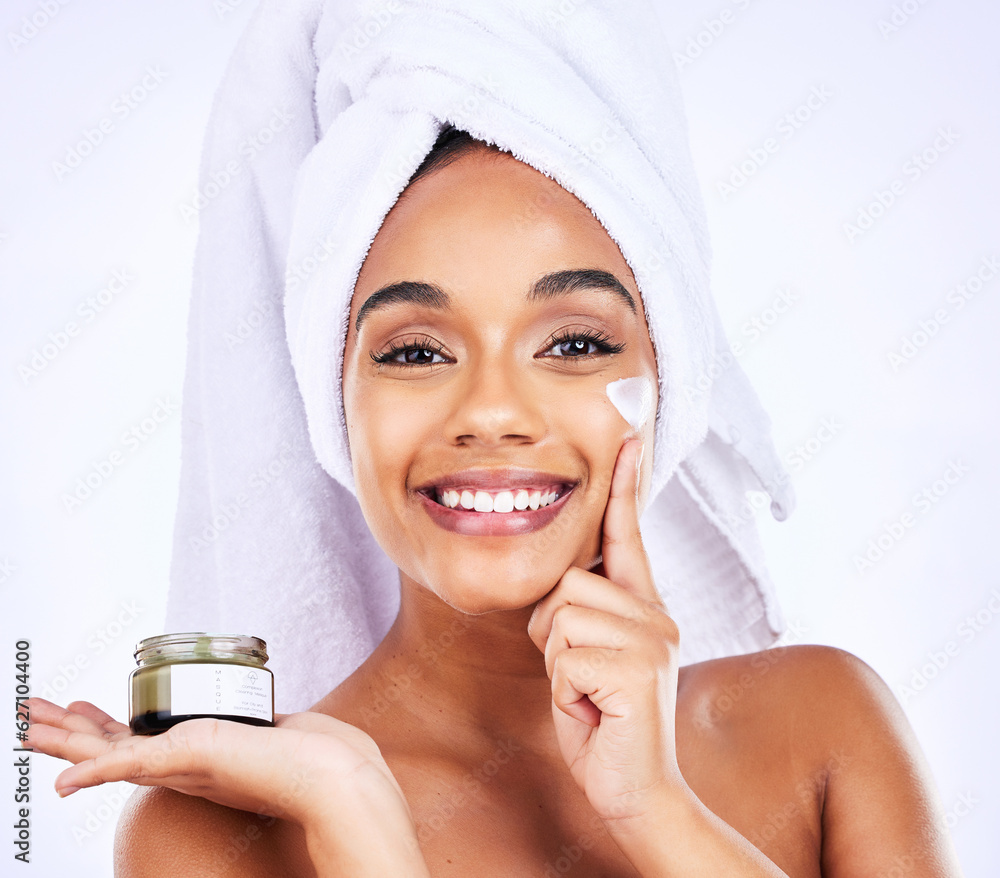 Beauty shine, portrait or happy woman with cream container for skincare, facial hydration or spa pro