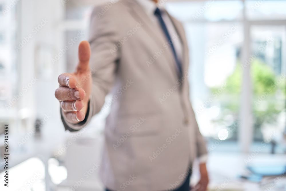 Closeup of a businessman stretching for a handshake in the office for partnership, greeting or agree