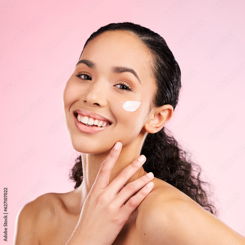 Beauty, cream and portrait of woman in studio for wellness, spa treatment and cleaning. Dermatology,