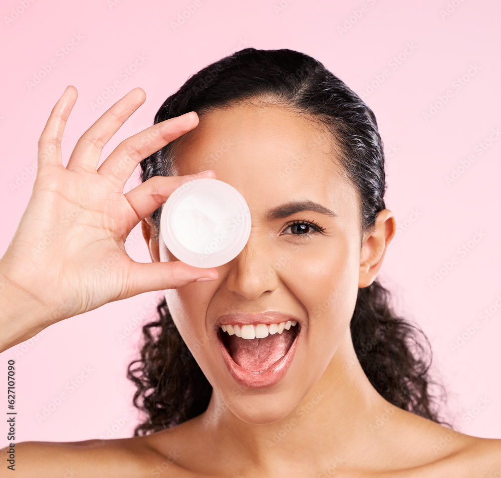 Skincare, face and excited woman with cream container in studio isolated on pink background. Portrai