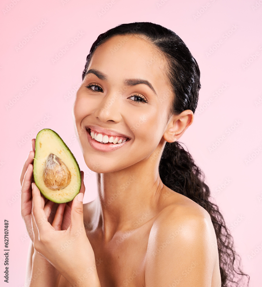 Beauty, avocado and face of a happy woman with skin care, dermatology and natural glow. Portrait of 