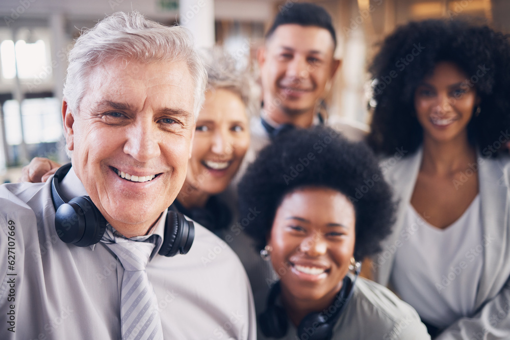 Call center, men and women in office selfie with smile, diversity and happiness for teamwork. Senior