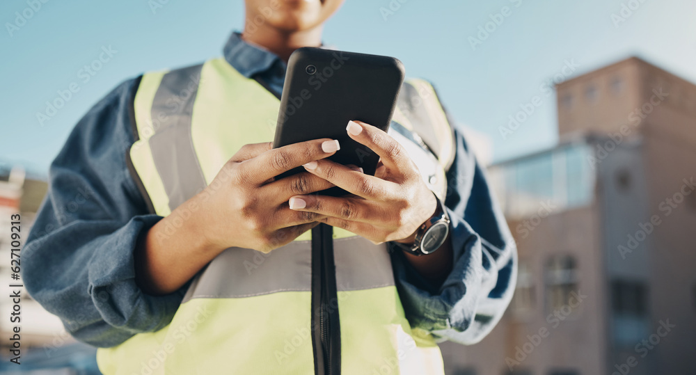 Phone, construction worker hands and person typing, networking or search info about inspection, main