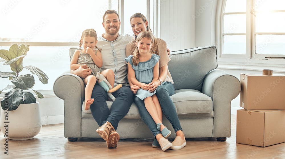 New home, sofa and portrait of parents and children in living room for bonding, quality time and rel