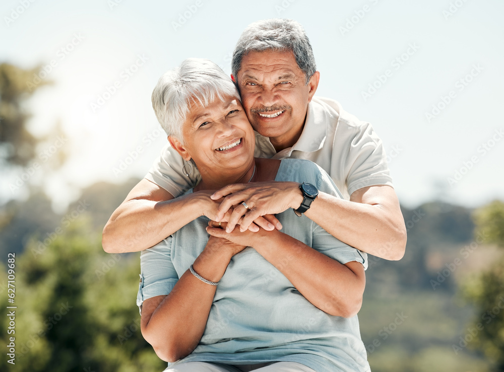 Senior couple, portrait and hug in nature on vacation, holiday or summer bonding. Face, hugging and 