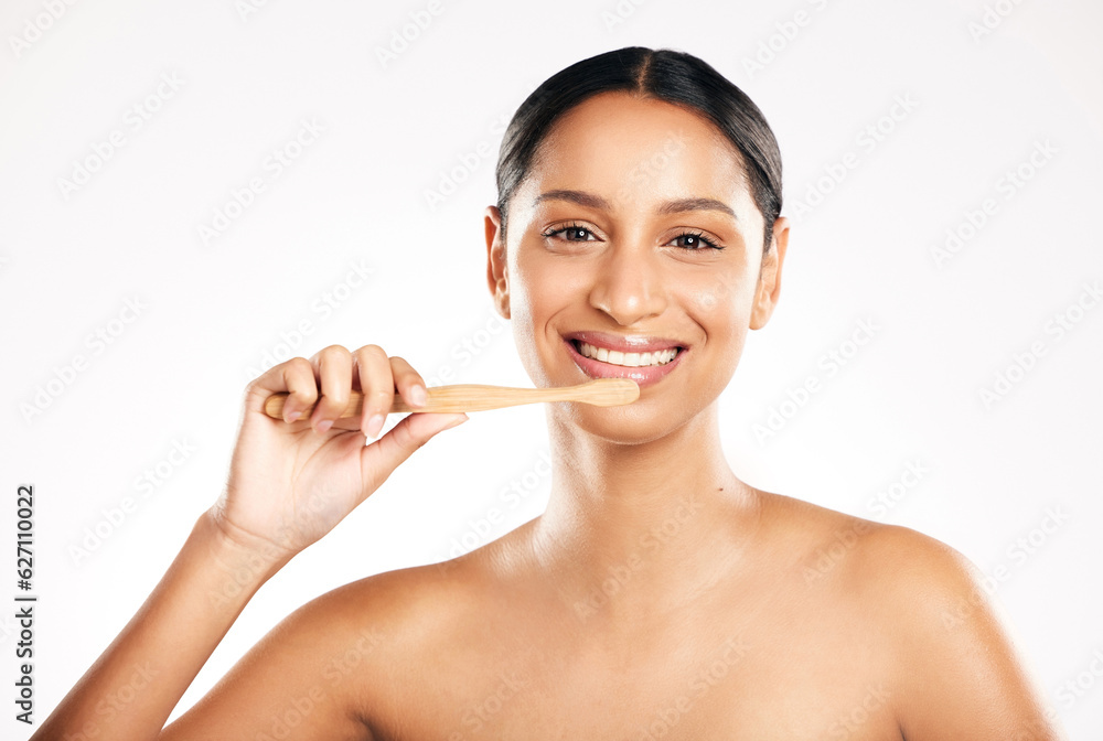 Happy woman, portrait and toothbrush for clean teeth or dental hygiene against a white studio backgr