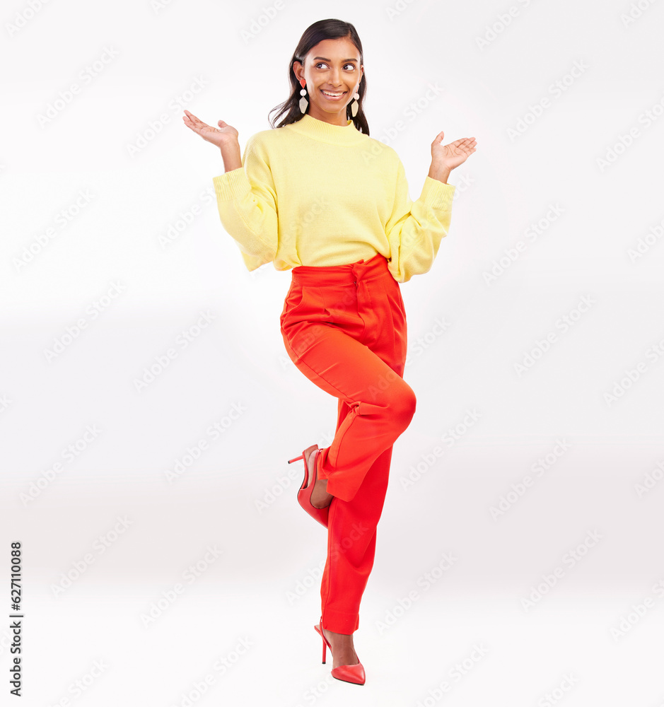 Happy, fashion and Indian woman with surprise in studio with confidence, happiness and pride. Profes