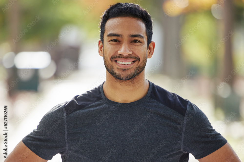 Happy asian man, portrait smile and fitness for running, exercise or training in the nature outdoors