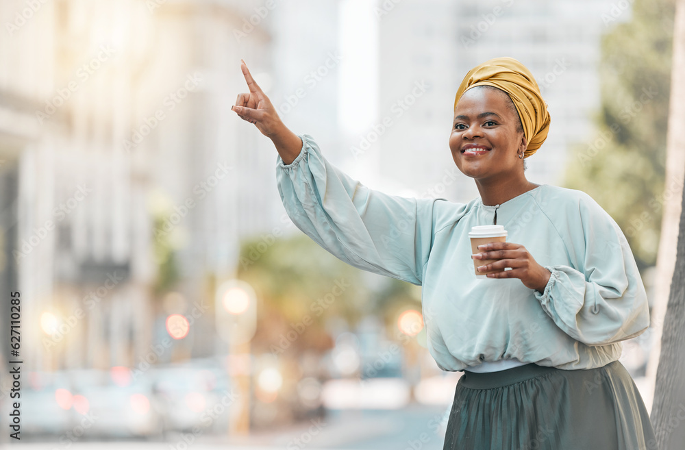 Travel, city and happy black woman try to stop taxi, cab or metro bus for transport, morning journey