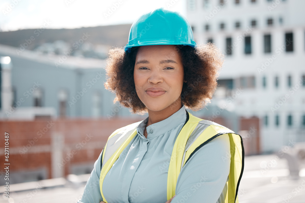 Portrait, engineer and confident woman on city rooftop for career in renewable energy. Face, archite