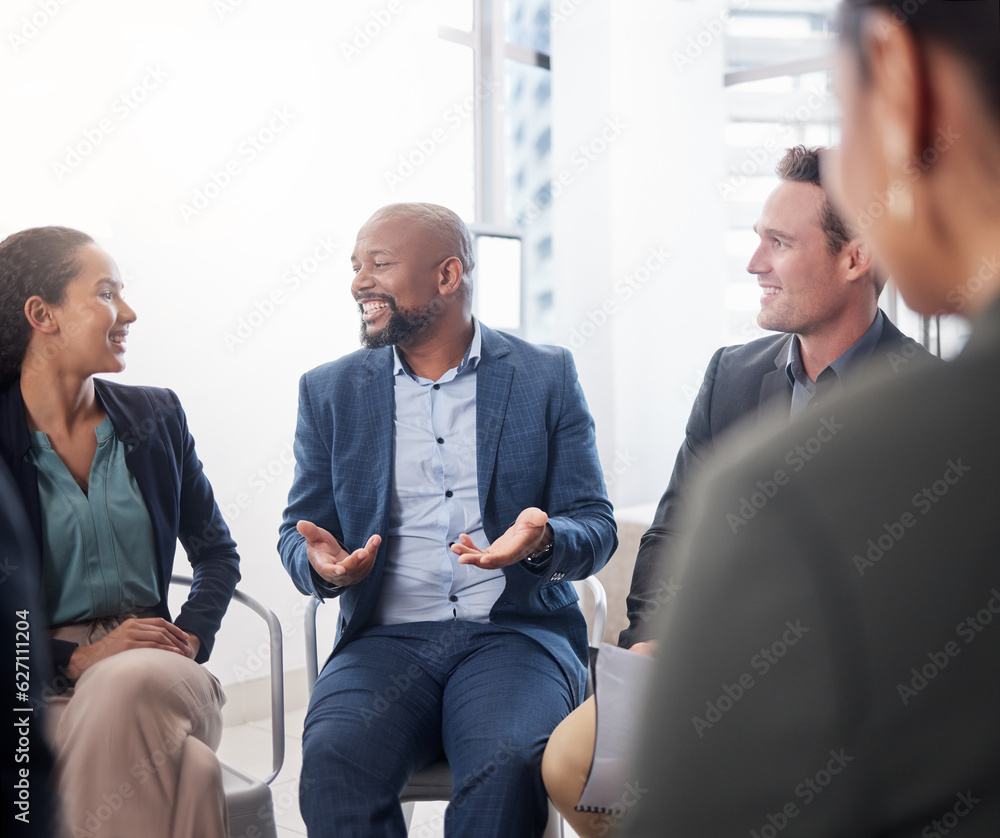 Business, meeting and black man in discussion circle at office for team building, planning and colla