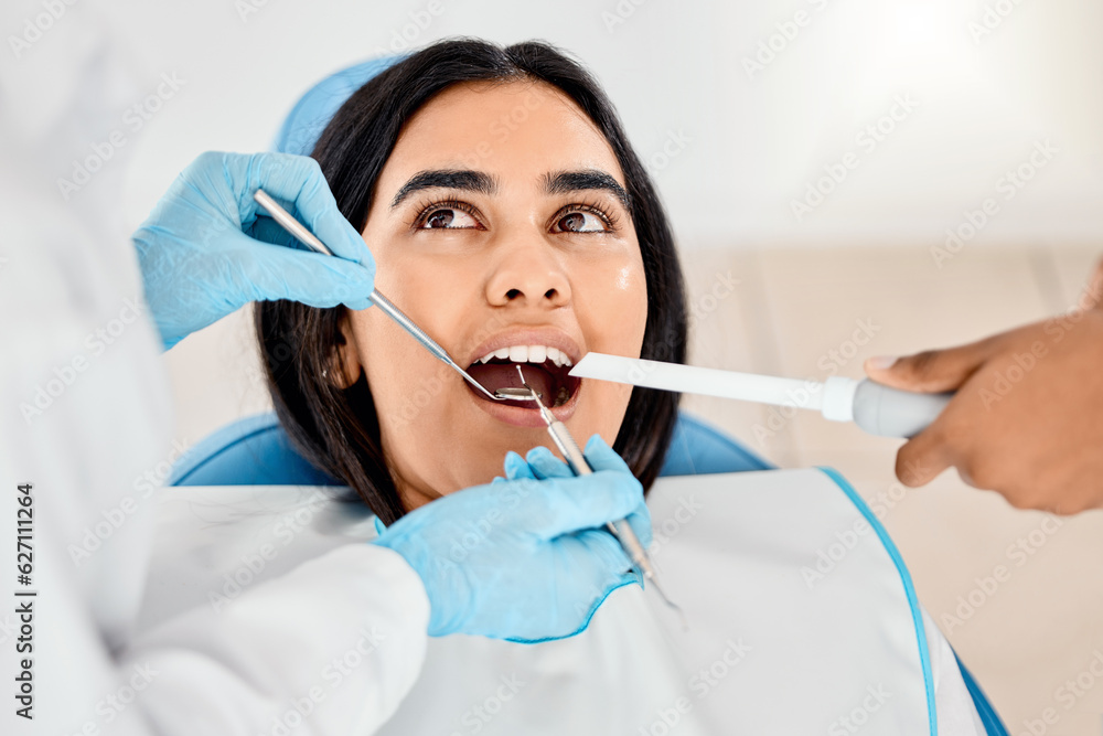 Dentist, woman and patient at a clinic with medical and healthcare for teeth whitening. Mirror, orth