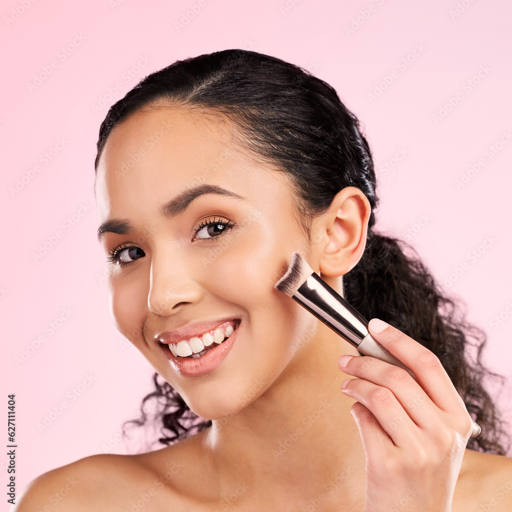 Smile, makeup and brush with portrait of woman in studio for foundation, cosmetics and facial. Skinc