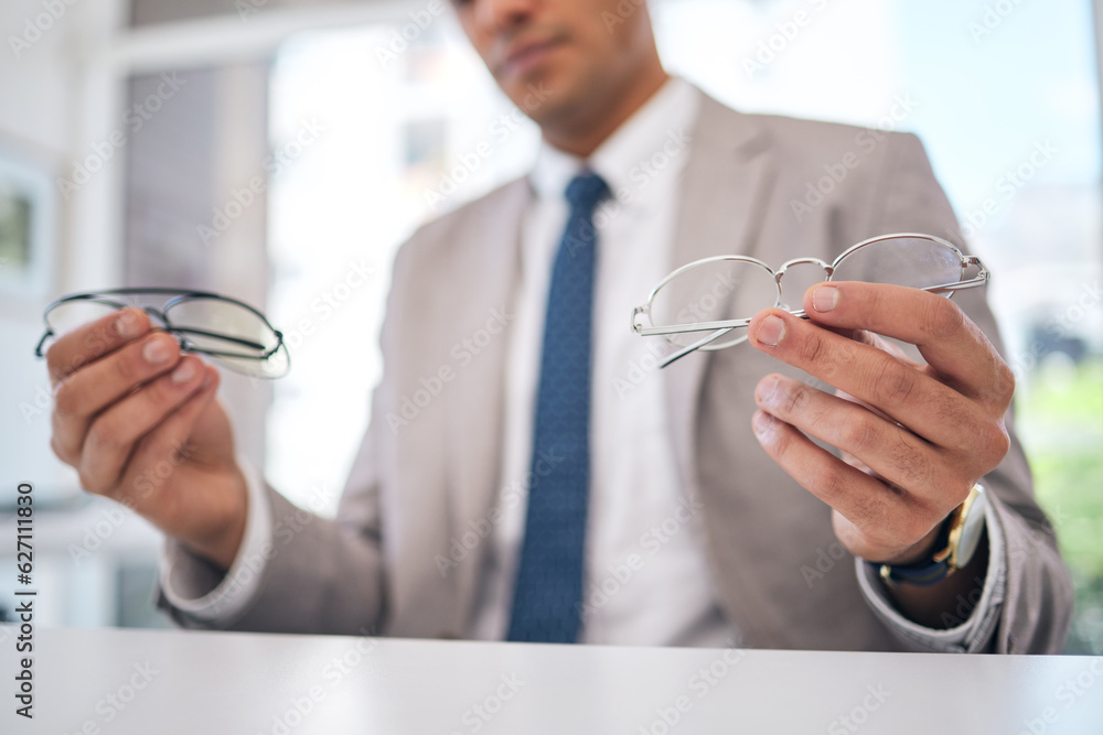 Optometry, choice and closeup of a man with glasses for eye care, optical wellness or health. Vision