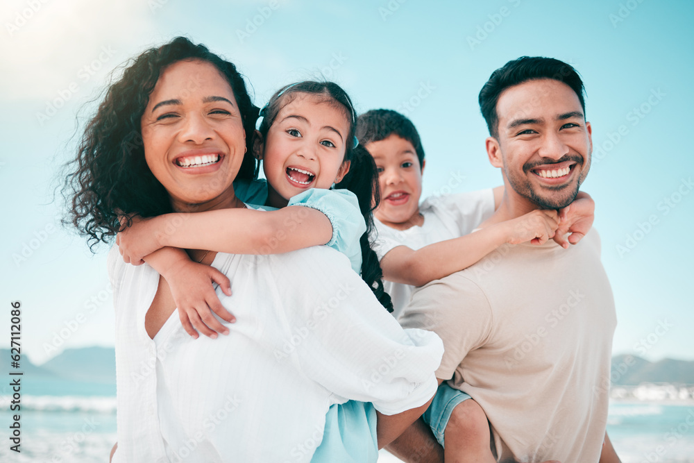 Family, parents piggyback children on beach and bonding with travel to Mexico, portrait and smile. H