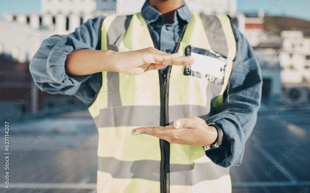 Hands, construction and engineer on a roof for solar energy, building electric plant or electricity 