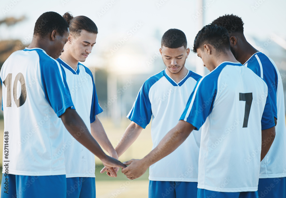 Stadium, support or soccer team praying in match for solidarity, motivation or mission in sports gam