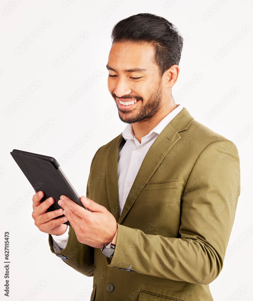 Asian man, business and tablet in studio for online planning, stock market research and internet inf