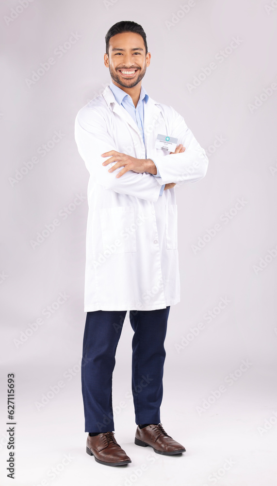 Portrait, man and happy scientist with arms crossed in studio isolated on a white background. Confid