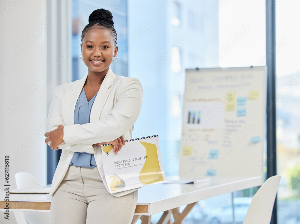 Business, portrait and black woman with documents in office for proposal, development and planning. 