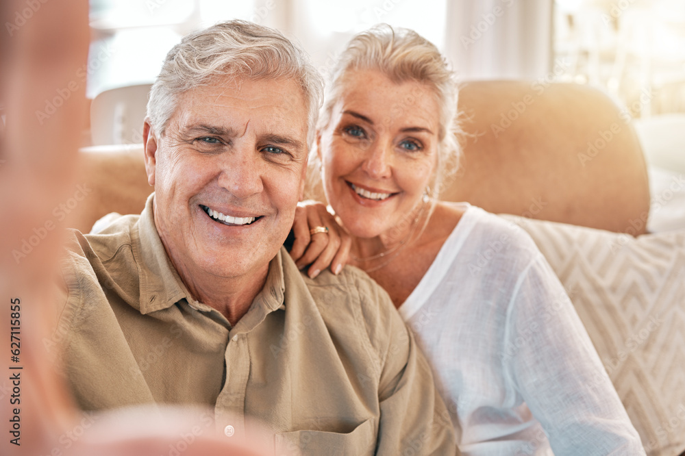 Happy senior couple, face and selfie in relax on living room sofa for photograph, memory or vlog at 