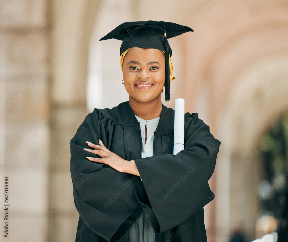 College, achievement and portrait of woman at graduation with degree, diploma or certificate scroll.