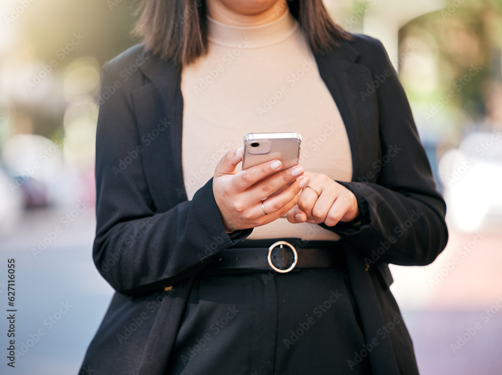 Phone, hands typing and woman outdoor on social media, email or networking. Smartphone, digital tech