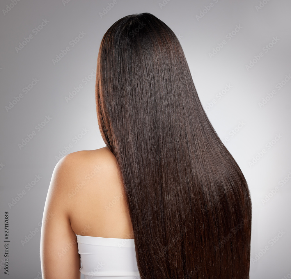 Hair, back and woman with beauty and salon hairstyle, cosmetic care and elegance isolated on studio 