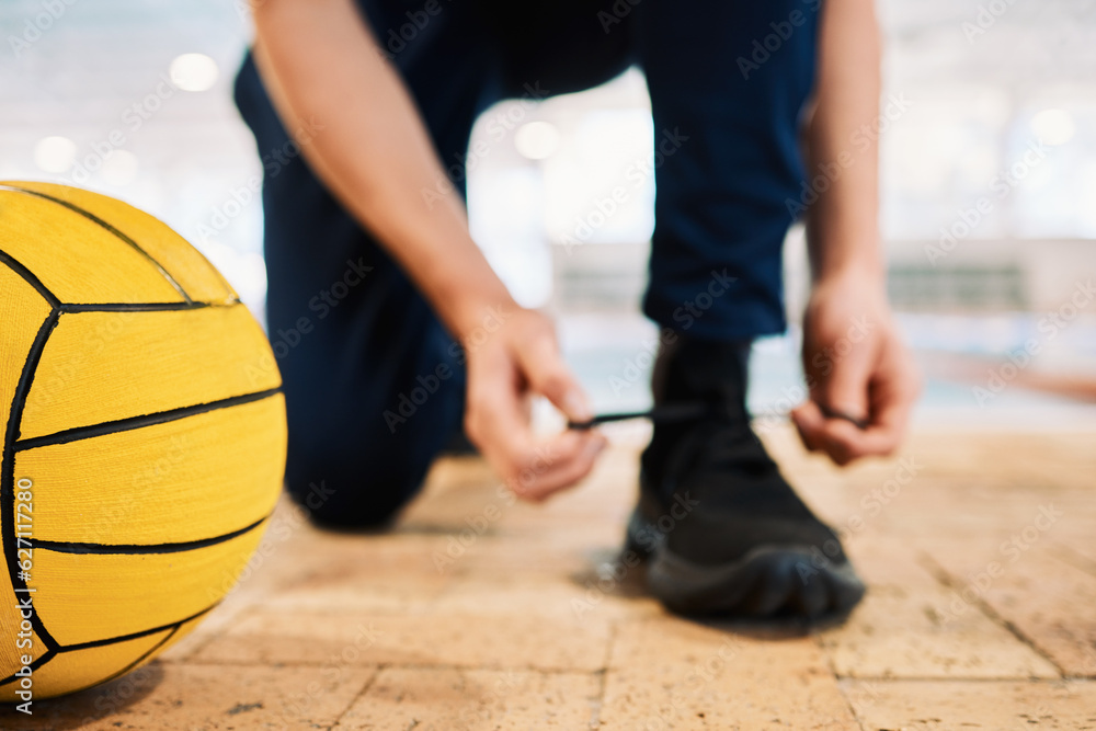 Shoes, tie and a man water polo trainer by a swimming pool in preparation of water sports exercise i