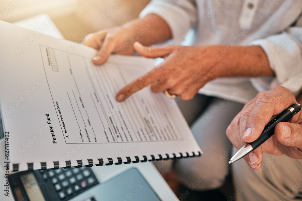 Documents, couple hands and pension funding, asset management and reading information for retirement