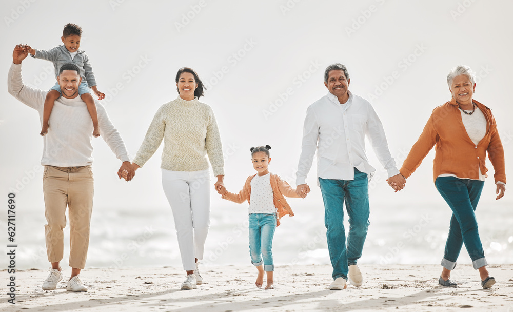 Happy family, fun portrait and beach with grandparents, parent love and kids together by sea. Outdoo