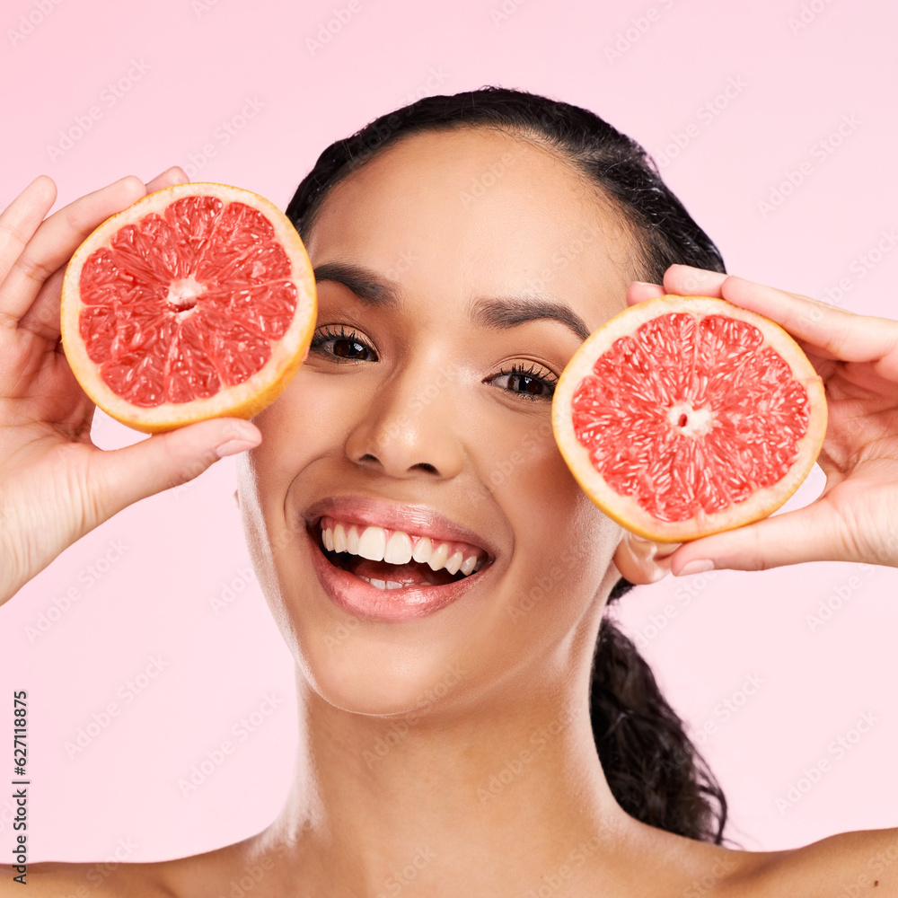 Face, grapefruit and beauty portrait of a woman with skin care, dermatology and natural glow. Happy 