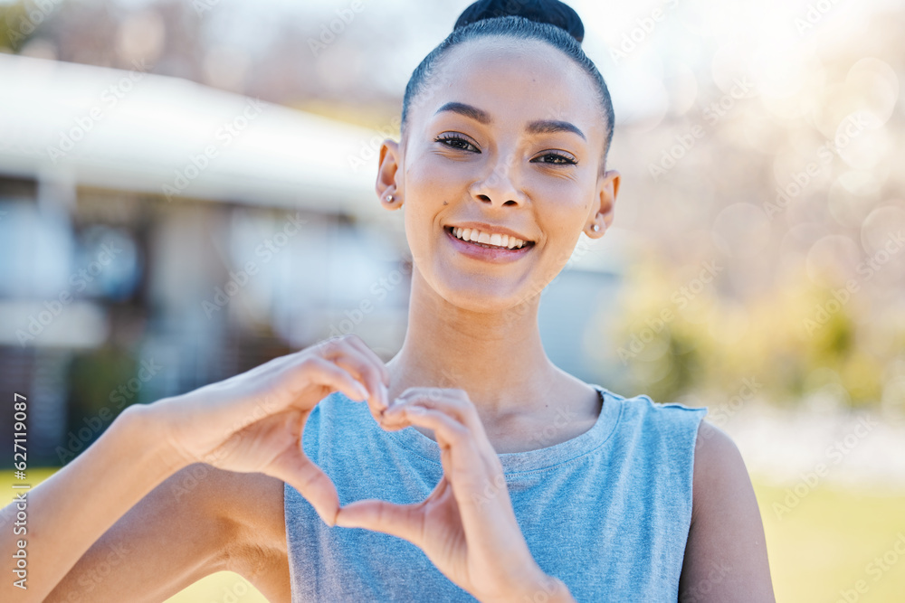 Heart, hands and fitness portrait by woman outdoor for training, exercise or morning routine. Cardio