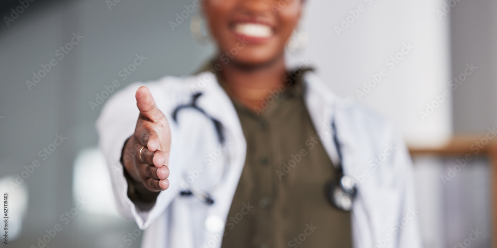 Open handshake, doctor and woman with welcome, smile or respect for hiring, recruitment or healthcar