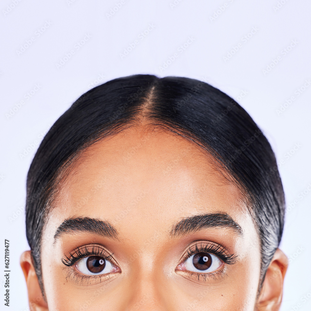 Beauty, eyes and portrait of woman in studio with cosmetics, lashes and mascara on white background.