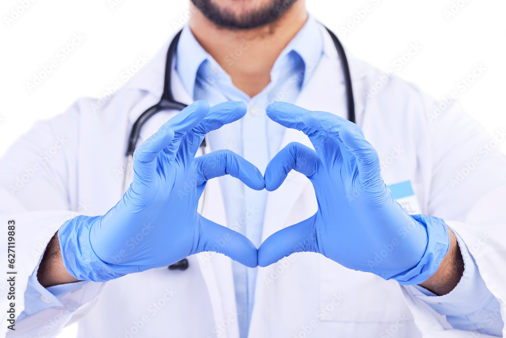 Man, doctor and heart hands for healthcare, love or care in cardiology against a white studio backgr