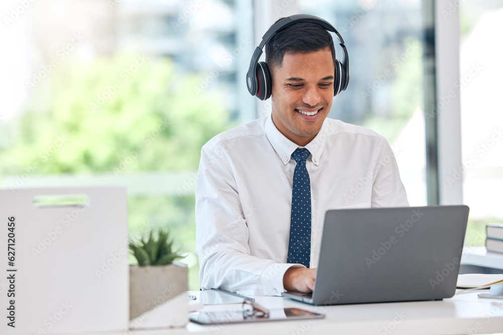 Businessman, laptop and typing email with headphones in communication, networking or listening to mu