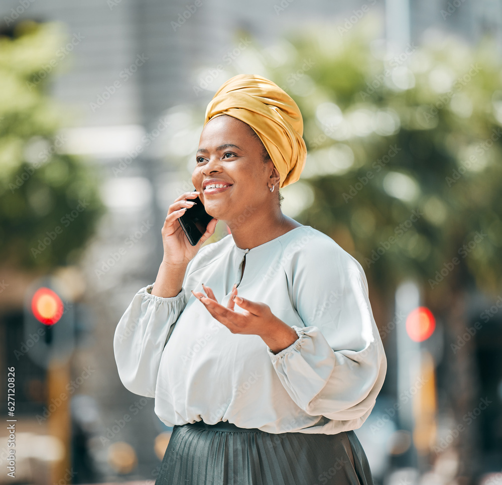 Phone call, African and business woman in city for contact, network and connection in urban town. Tr