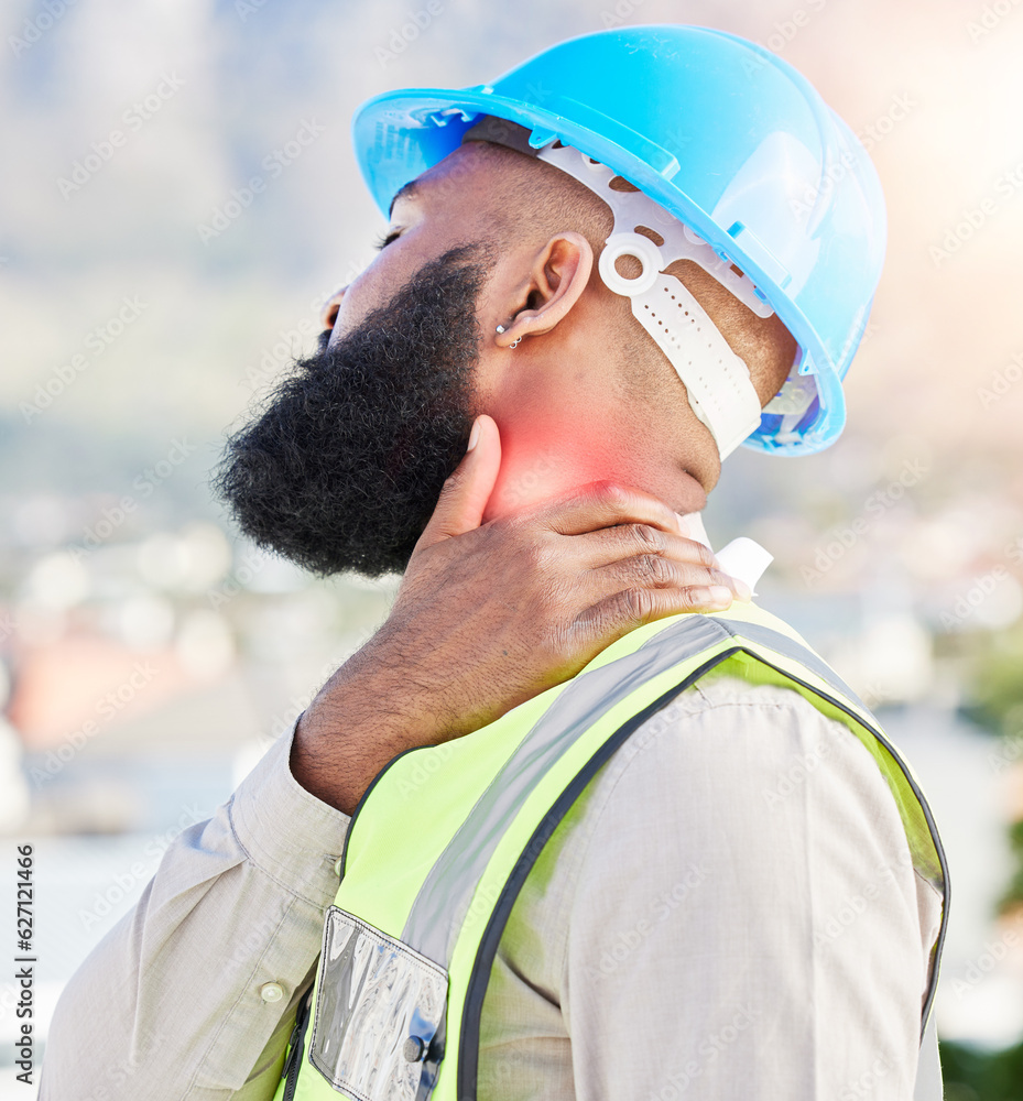 Black man, architect and neck pain in city from injury, accident or muscle tension on rooftop. Frust