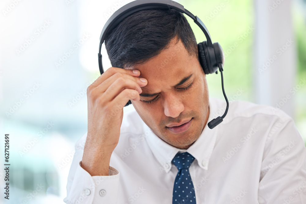 Call center, customer service and man with a headache or businessman with stress, burnout or working