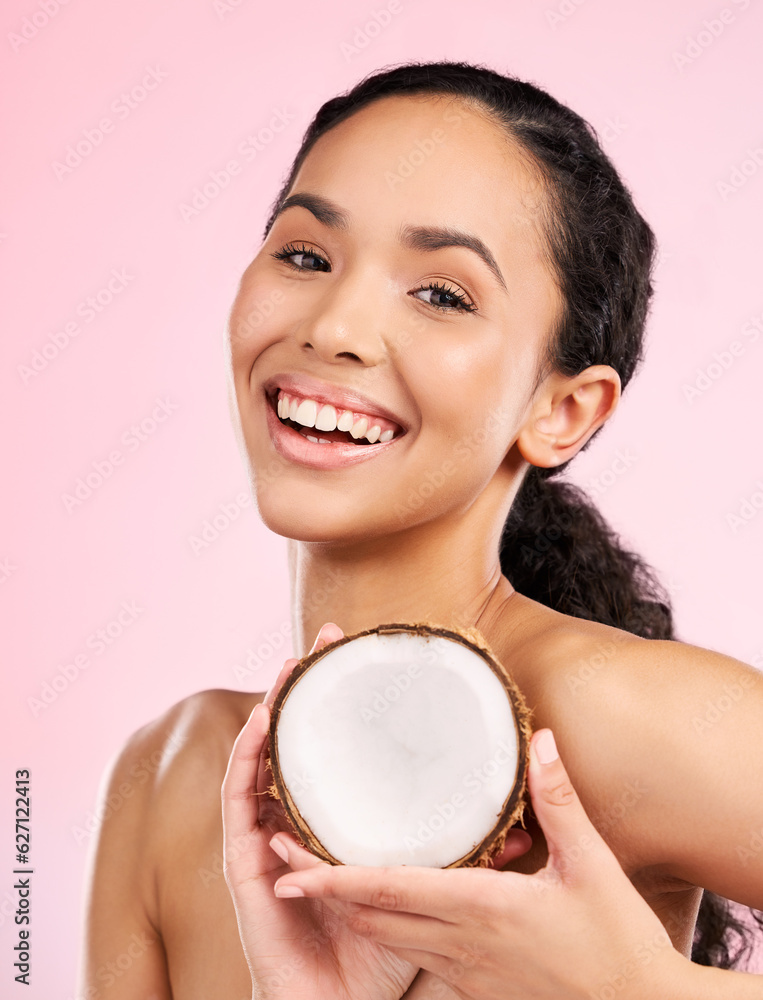 Woman face, coconut fruit and skincare, natural beauty or vegan cream on pink, studio background. Po