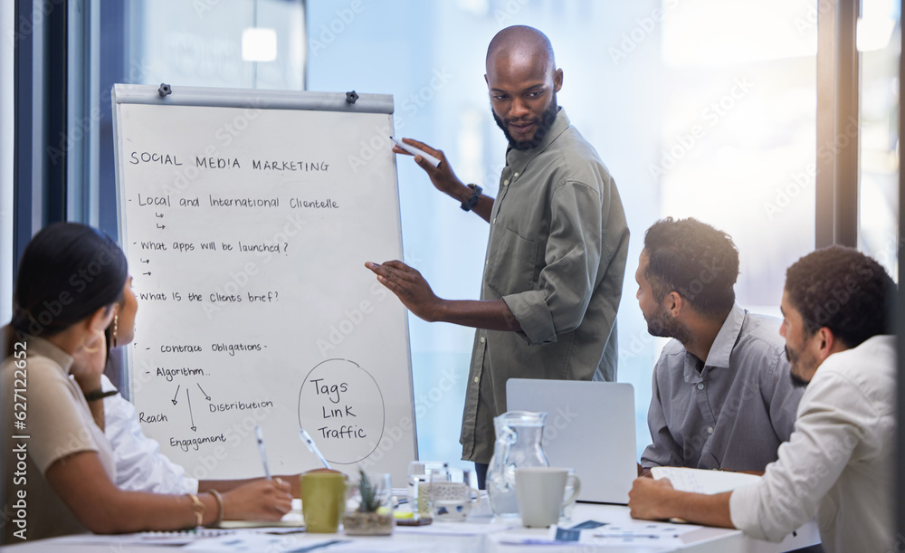 Business, whiteboard presentation and black man as leader in training, feedback and planning ideas i