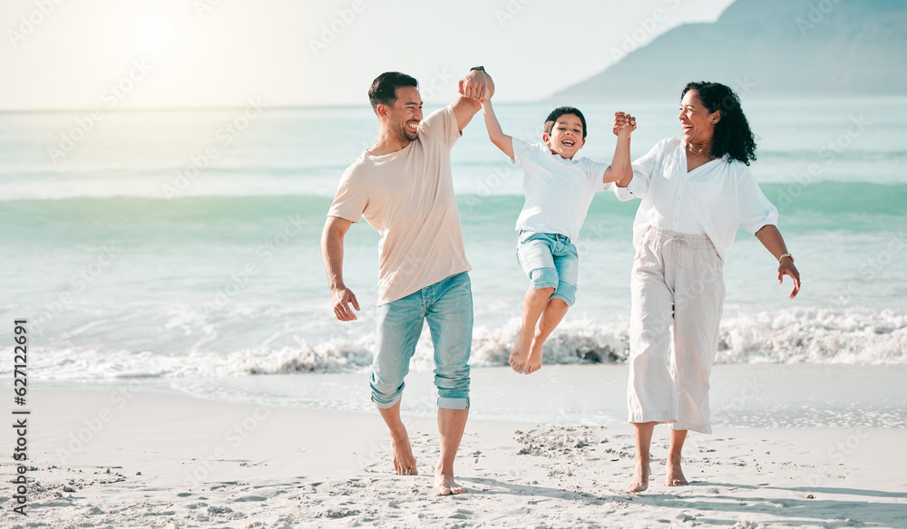 Holding hands, dad or mother playing child at beach with a happy family for holiday vacation travel 