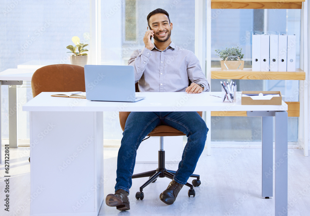 Communication, businessman on smartphone and talking to a customer for support at his desk in a offi