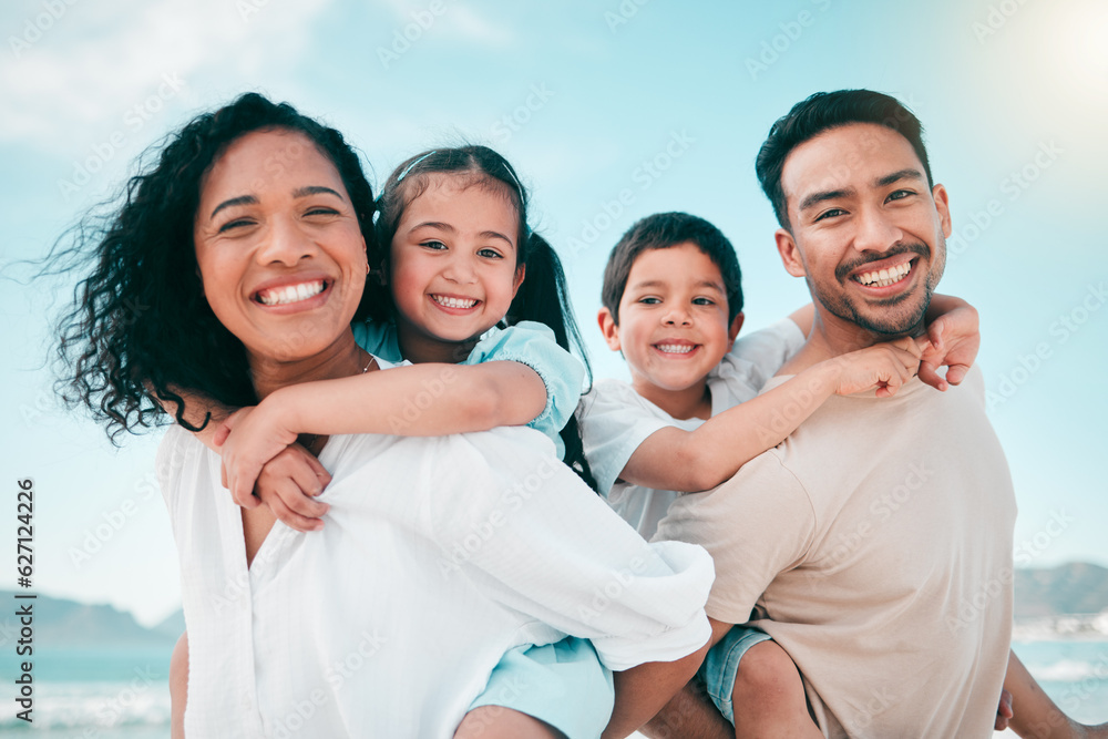 Family on beach, parents piggyback children in portrait with bonding on holiday, happy people and sm