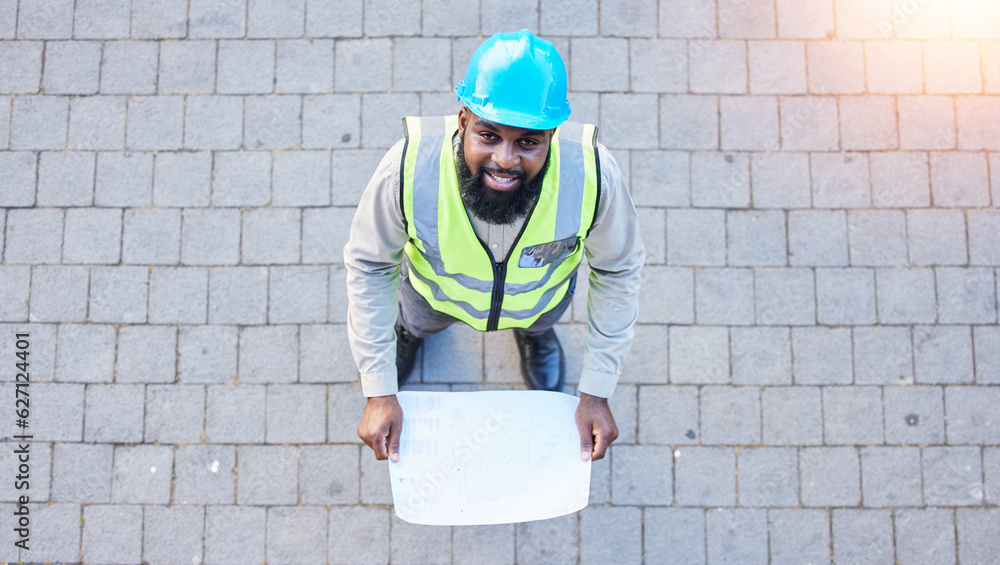 Black man, portrait and architect with blueprint above for construction, planning or project ideas o