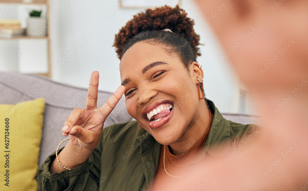 Portrait, happy black woman and peace for selfie in living room, live streaming and home vlog. Face 