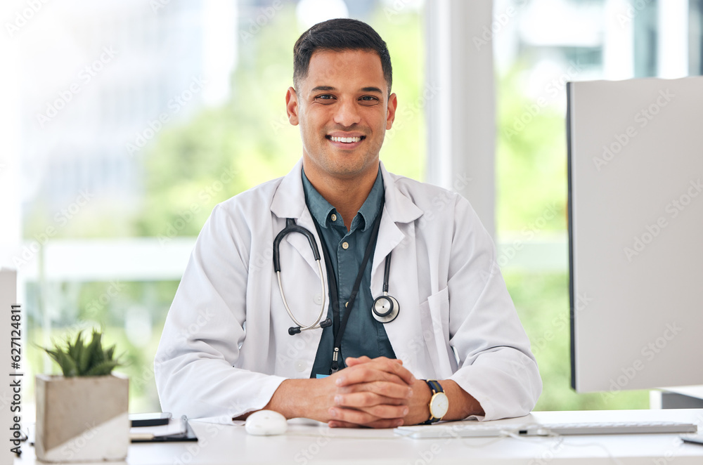 Happy, portrait of man and doctor at table in hospital for healthcare, insurance or wellness. Face, 