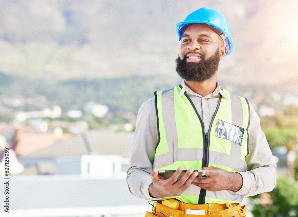 Happy black man, architect and tablet in city for construction, vision or rooftop installation. Afri